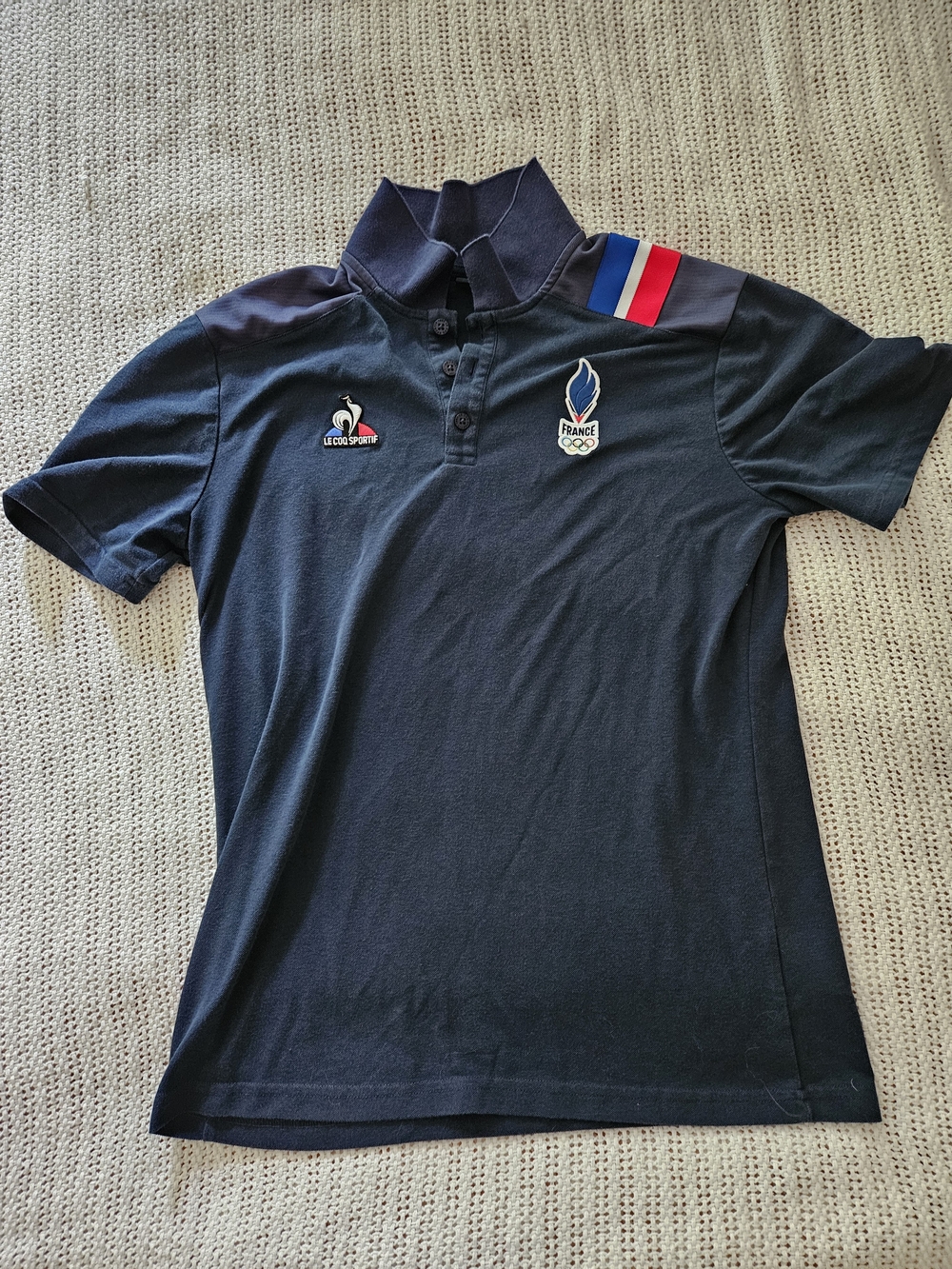 Olympic Le Coq Sportif Navy Polo with Red, White & Blue Shoulder Stripe